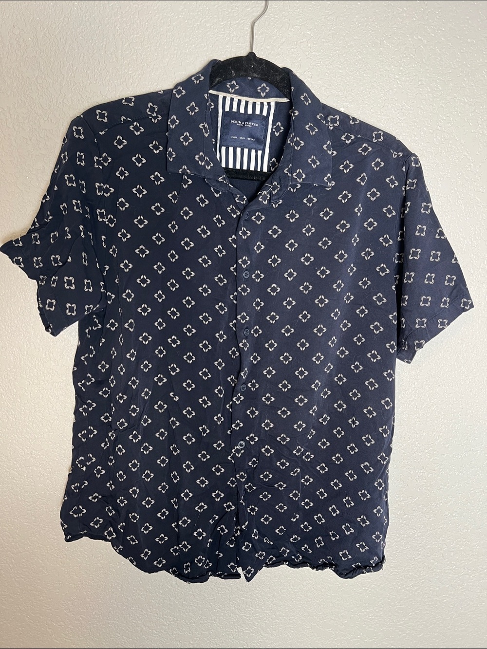 Denim & Flower Navy Short-Sleeve Button-Up with White Geometric Print